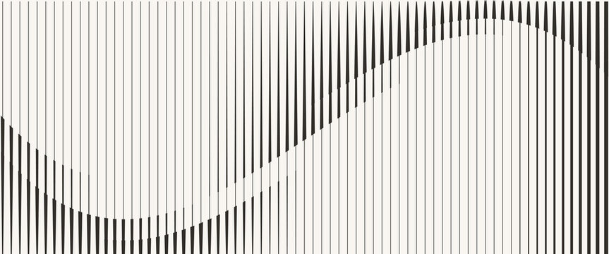 Vertical black lines on white background forming wave-like interference pattern. Abstract visualization of oscillation, amplitude, and modulation. vector eps 10