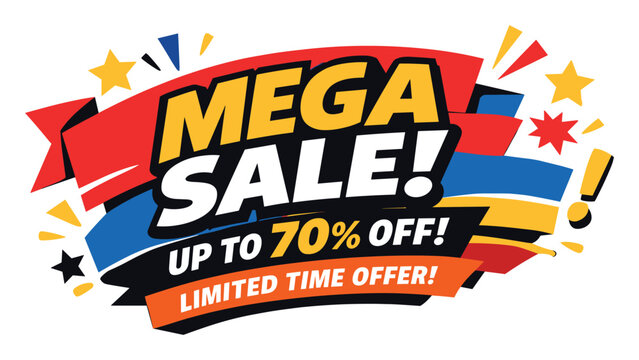 Mega sale up to 70 percent off promotional label with limited time offer text, bright ribbons, and decorative elements