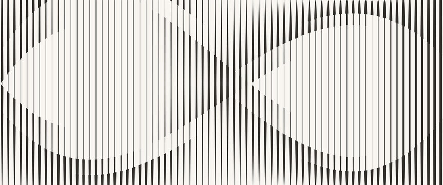 Vertical black lines on white background forming wave-like interference pattern. Abstract visualization of oscillation, amplitude, and modulation. vector eps 10