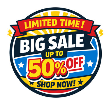 Big sale up to 50% off promotional badge in a circular comic style, highlighting discounts and limited-time offers