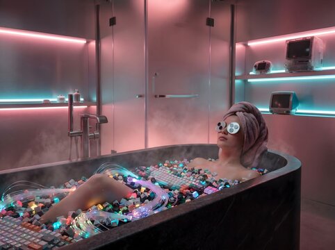 Woman relaxing in black bathtub filled with computer keys and glowing fiber optic cables.