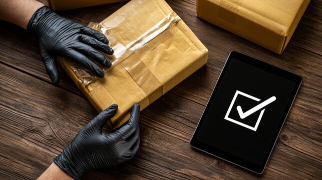 Gloved hands inspecting return package next to tablet with checkmark