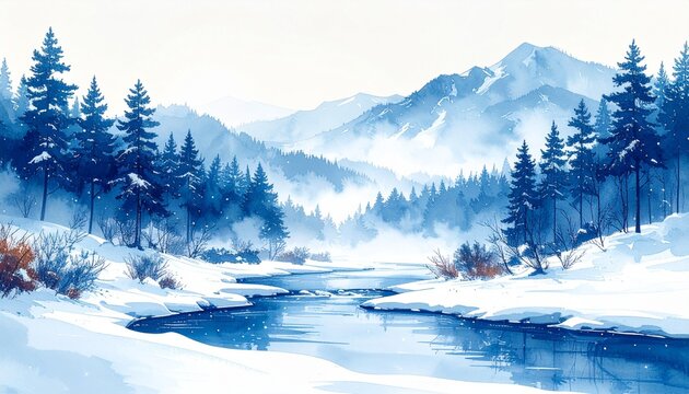 雪渓流と白余白の冬水彩背景