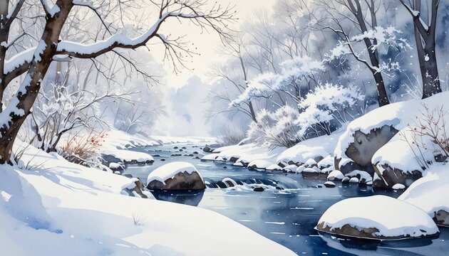 雪枝と冬渓流の静寂水彩背景２