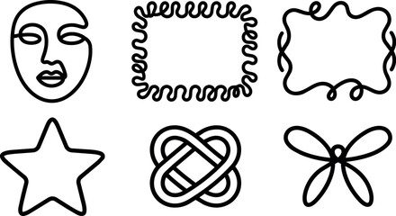 Fototapeta premium Black line art abstract face star knot frames and butterfly vector elements