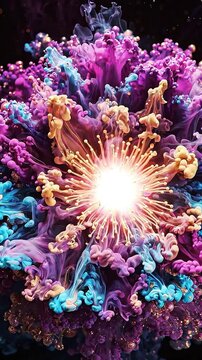 Abstract fluid particle bloom exploding with vibrant purple and blue colors in a high energy motion graphic display featuring glowing radiant light central core effects