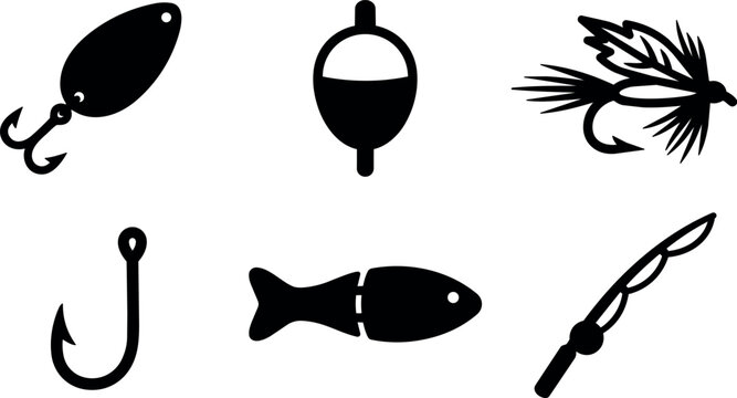 Black fishing hook lure bobber bait fish rod vector icons set