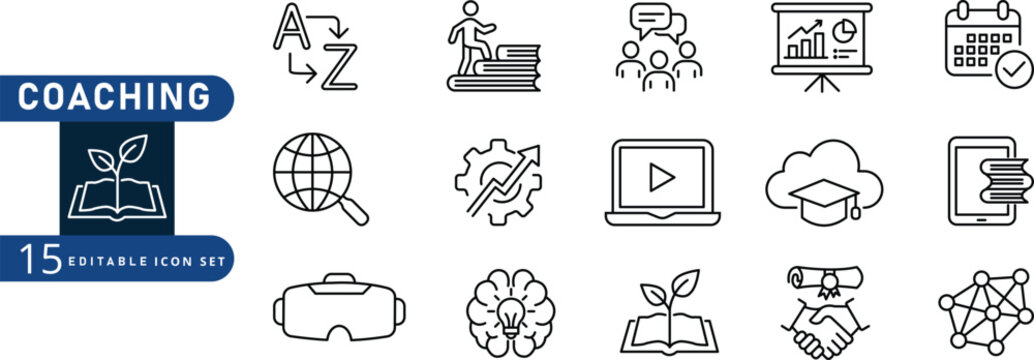 Set of fifteen coaching and education icons featuring linear style symbols for online learning personal development business growth and digital training Vector, illustration
