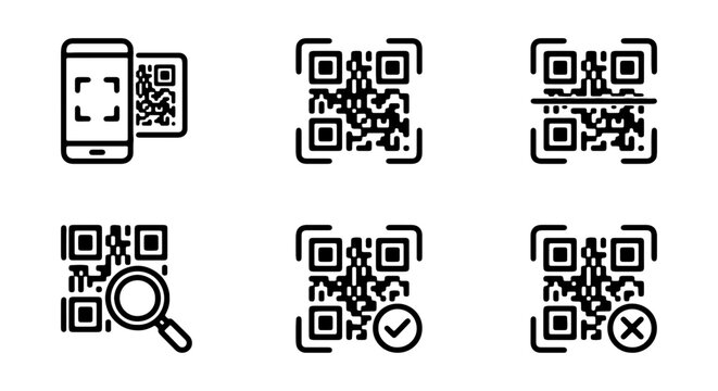 QR Code Icons: Scanning, Search, Validation, Error, Mobile Phone Vector Set