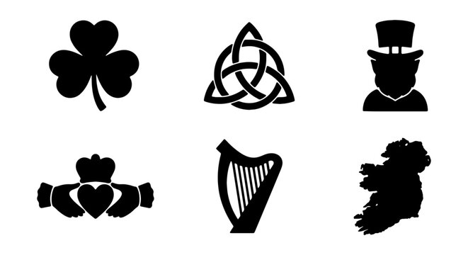 Irish Symbols Vector Icons: Shamrock, Trinity Knot, Leprechaun, Claddagh, Harp, Ireland Map