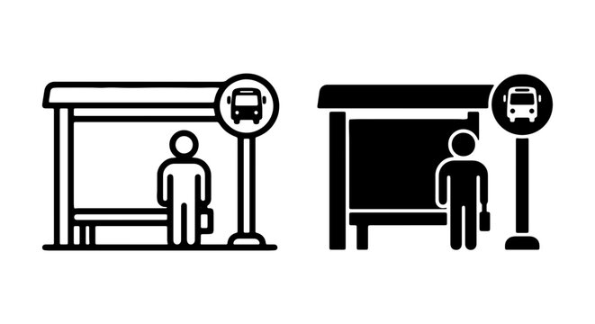 Bus Stop Icons: Waiting Passenger Silhouette, Public Transport Shelter, Urban Transit Symbols