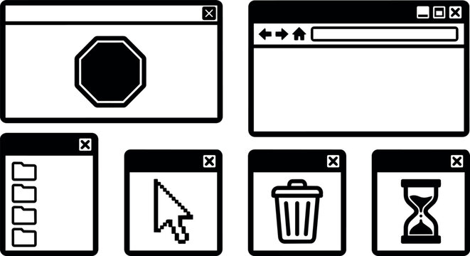 Browser windows with icons for folders cursor trash and hourglass