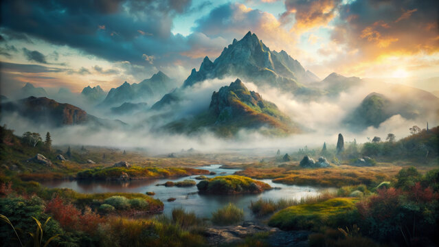 Powerful double exposure of rugged mountain wetland bokeh with misty fog and colorful sky at sunrise creating serene atmosphere