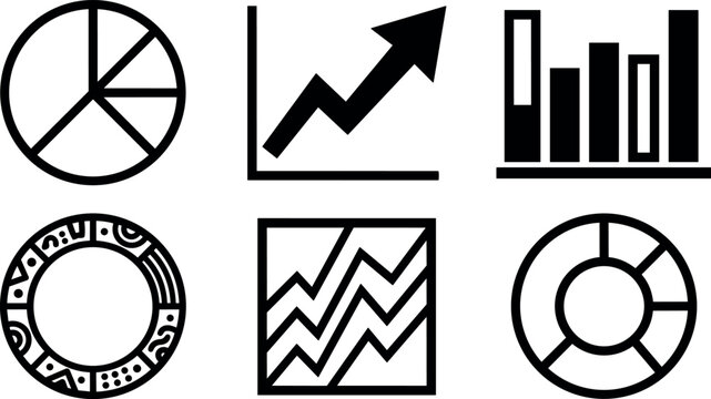 Black and white line art chart and graph icons set with pie and bar visuals