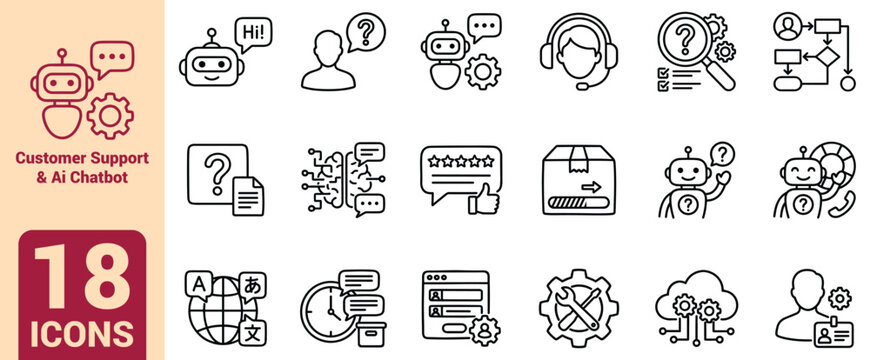 Customer Support and AI Chatbot Line Icon Set, Customer Service Assistant, Help Desk, Online FAQ, Technical Support, Order Tracking, Feedback Rating, and Workflow Vector Icons