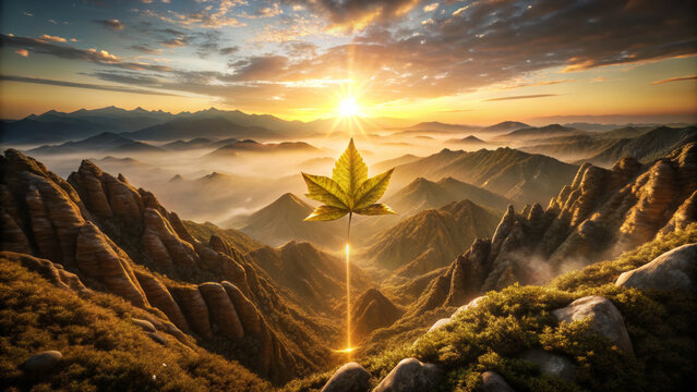 Golden hour paints Korean landscape sparkling leaf raw and natural light with mountain ridges and misty valleys under dramatic sky