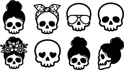 Fototapeta premium Black and white skull faces with hair and accessories vector art collection