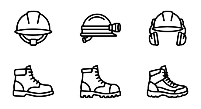 Safety Gear Icons: Hard Hats, Boots, Hearing Protection Set