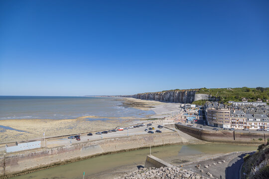 High-Angle View of the Harbor, Town, and White Chalk Cliffs at Low Tide in Saint-Valery-en-Caux, Normandy
