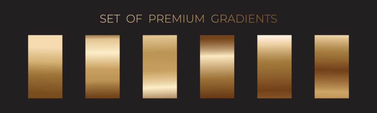 Elegant classic gold gradient swatches collection. Metallic textures with polished foil shine and satin smooth. Glossy palette for premium and luxury designs and branding