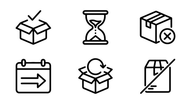 Delivery Icons: Shipping Box, Hourglass, Calendar, Return, Cancelled, Approved
