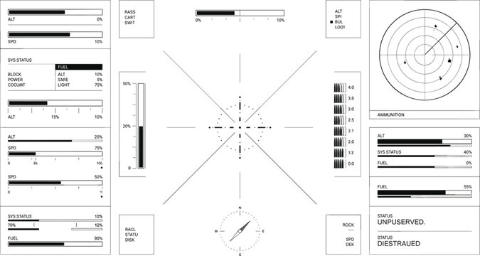 Minimal tactical HUD analytics vector interface with radar targeting metrics surveillance diagnostics and futuristic military dashboard concepts