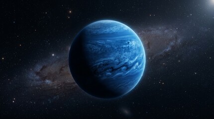 Obraz premium Vibrant blue gas giant planet with swirling clouds and atmospheric storms in deep space with stars and galaxy background