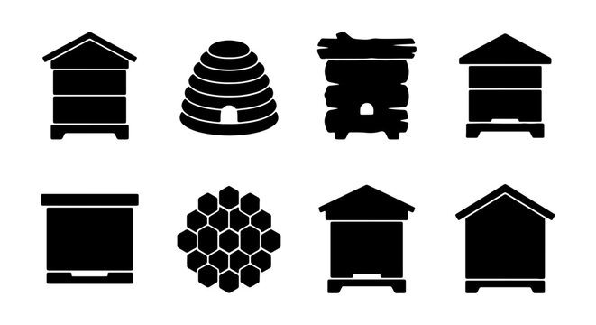 Beehive Icons Set, Apiary Structures Collection, Honeycomb Graphics