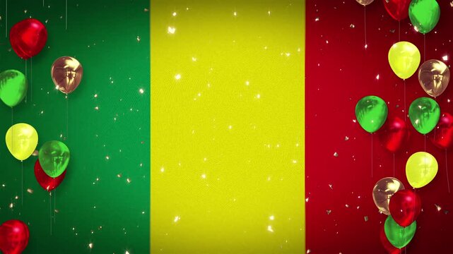 Looping 4K video. Malian flag. Background for anniversaries and events. Animation. Background with sparkling confetti. Three balloons in red, yellow, and green. Video with copy space. Republic of Mali