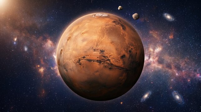 Vast expanse of space with planet Mars and its moons Phobos and Deimos illuminated by distant sun and nebulae