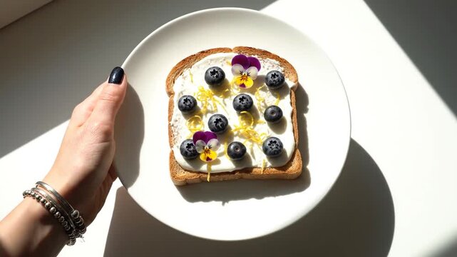 Top view of a hand holding a white plate with a slice of toast topped with white cream, fresh blueberries, lemon zest, and edible pansy flowers in bright sunlight with harsh shadows.