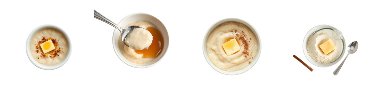 set of pictures for Creamy semolina porridge with butter and cinnamon sugar served in a white bowl