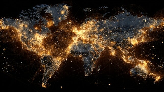 Global city lights shine brightly at night. Dark oceans and landmasses contrast the glowing urban centers. Vibrant clusters pulse with human activity and connection