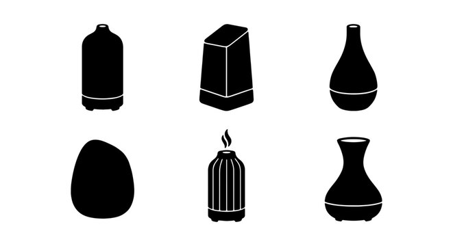 Essential Oil Diffuser Icons, Aromatherapy Device Silhouettes, Home Fragrance Vector Set