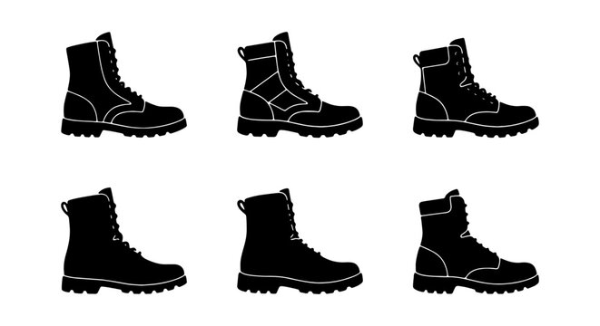 Military Boots Collection, Rugged Footwear Icons, Black Combat Boot Set