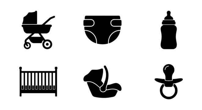 Baby Care Icons Set: Stroller, Diaper, Bottle, Crib, Car Seat, Pacifier