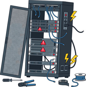 Broken server rack network connection error system crash failure, data center breakdown vector illustration