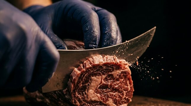 Butcher wearing black gloves slicing raw beef with a large knife.