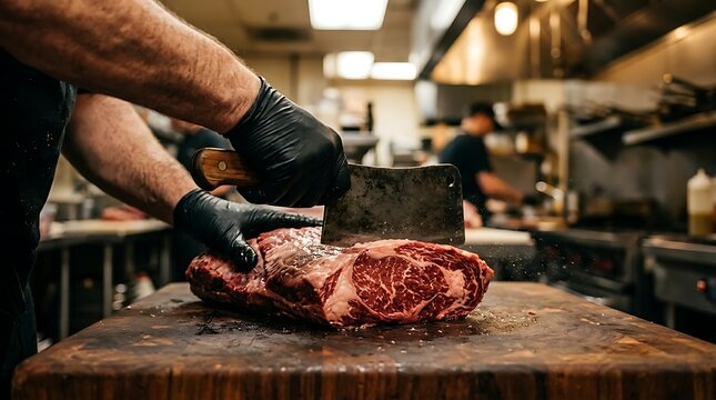 Chef cutting raw beef ribeye with a cleaver on a wooden board in a professional kitchen.