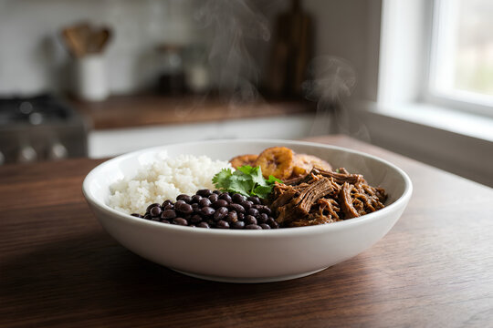 Latin pabellon criollo bowl with shredded beef black beans and white rice