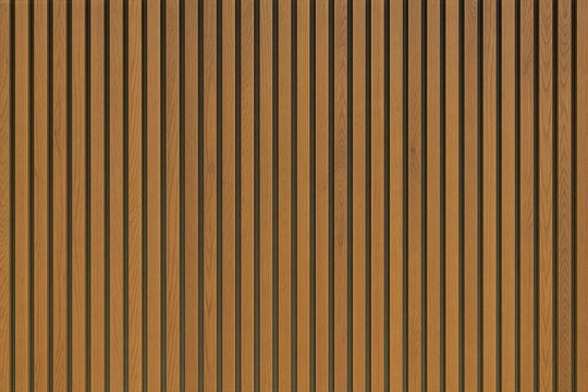 Seamless background texture featuring vertical brown wood slats. Modern architectural facade, natural warm wood slats, subtle shadows between gaps, and parallel lines