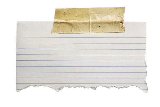 Kartka papieru w linie z wyrwanym, postrzępionym brzegiem, przyklejona brudną taśmą klejącą do niewidocznej powierzchni. Czyste, przezroczyste tło. Fotorealizm, makro, oświetlenie studyjne.