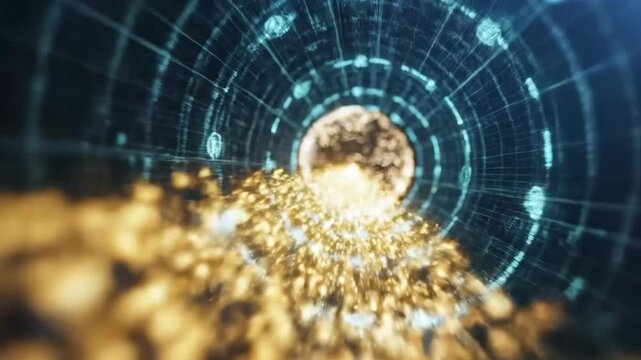 Digital Gold Rush - Cryptocurrency Flowing Through Futuristic Data Tunnel.