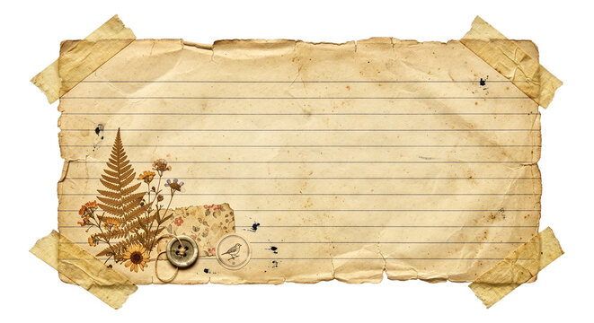 Vintage kartka w linie z podartymi brzegami, zabezpieczony starą taśmą maskującą, elementy scrapbookingu, przezroczyste tło, wysoki kontrast, ciepłe światło.
