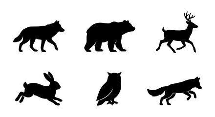 Obraz premium Wild Animal Silhouettes Set: Bear, Wolf, Deer, Fox, Owl, Rabbit Icons