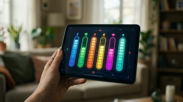 Medium shot of a digital wellness dashboard displaying colorful step count progress bars with the background softly blurred for focused attention.