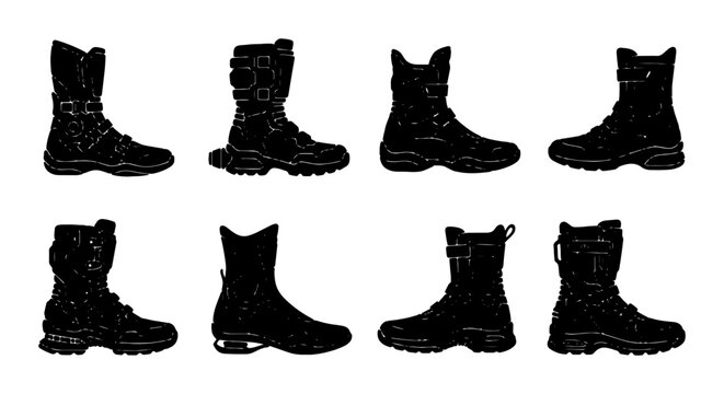 Black Boot Silhouettes, Footwear Icons Set, Military & Work Boot Collection