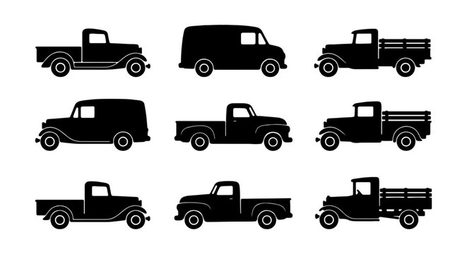 Vintage Truck Silhouettes, Retro Van Icons, Classic Vehicle Set