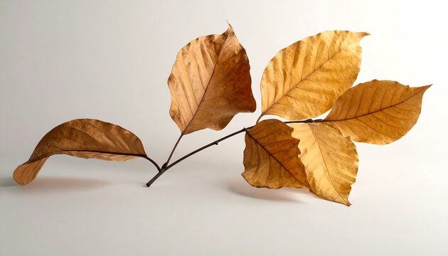 Close-up of a twig with several dry, autumn-colored leaves resting on a clean, light-toned background. The leaves have visible veins