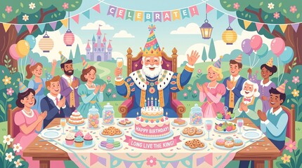 Obraz premium Celebration Event, Royal King, Fairytale Castle, Digital Illustration, Festive Atmosphere, Frontal View, Joyful Gathering